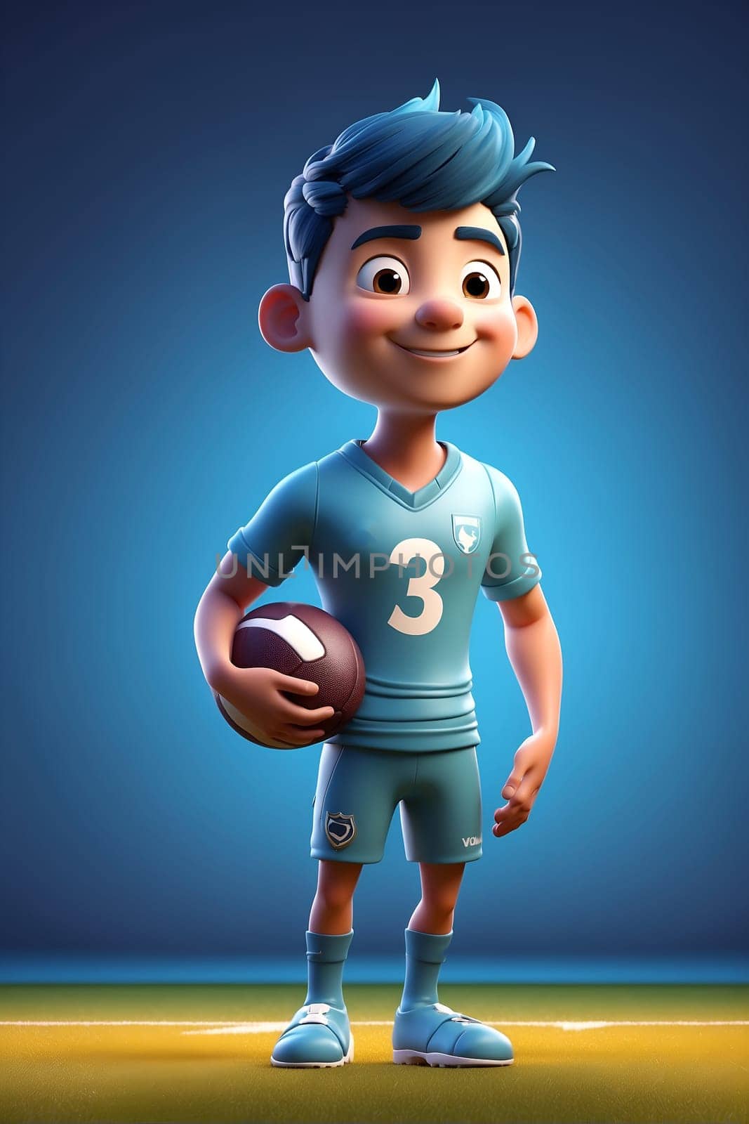 A cartoon character confidently holds a football on a vibrant green field ready to make a play.