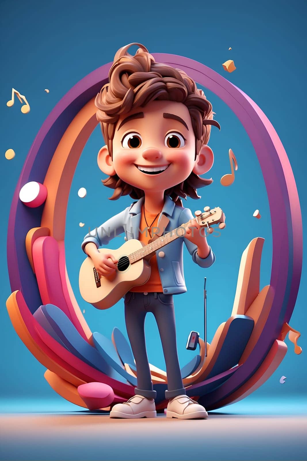 A lively cartoon character energetically strums a guitar, captured against a captivating blue background.