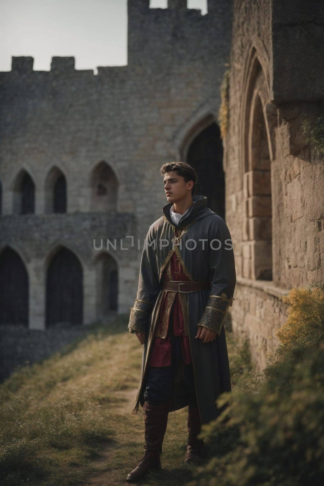 Man in Long Coat Standing in Front of Castle. Generative AI. by artofphoto