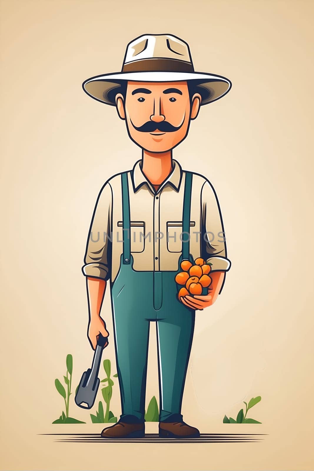 A man wearing overalls and a hat holds a bunch of oranges in his hands.