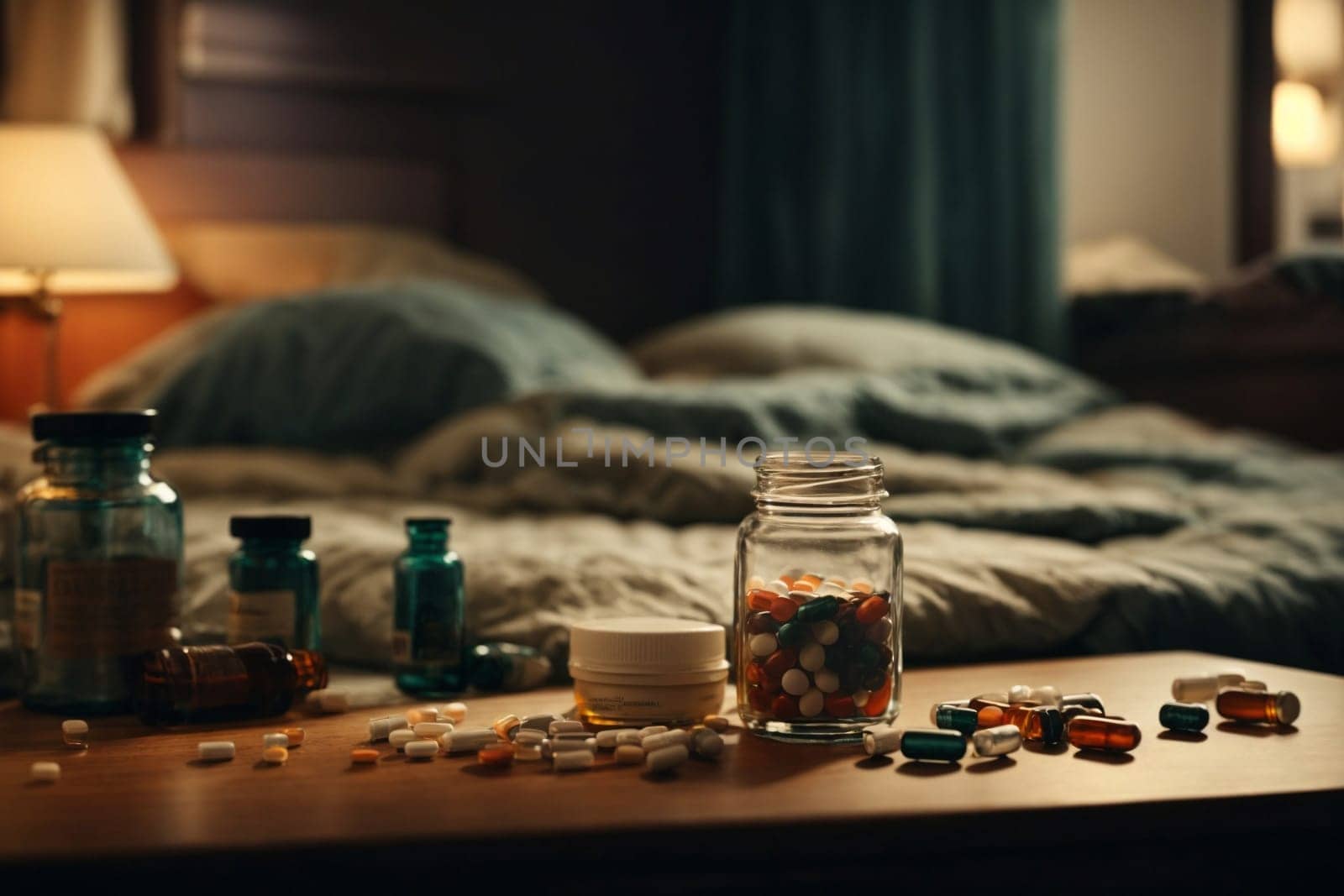 Wooden Table Covered With Assorted Pills. Generative AI. by artofphoto