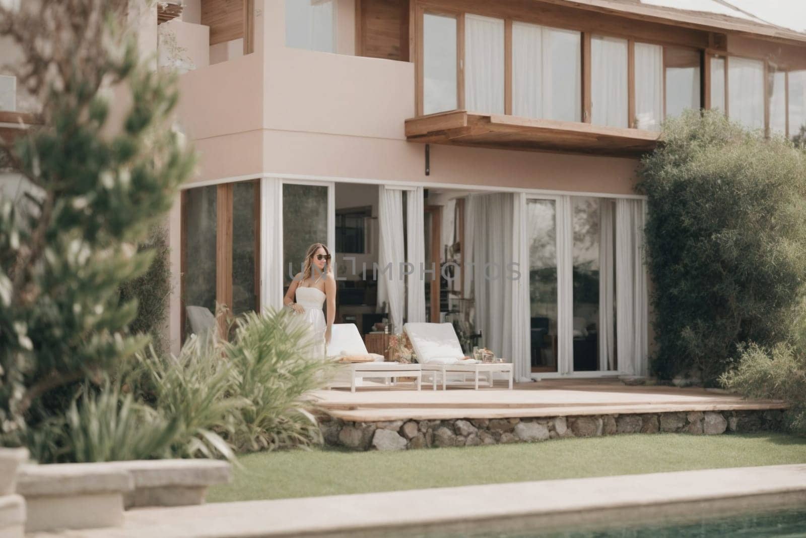 A woman stands confidently in front of a white house with a pool located by her side.