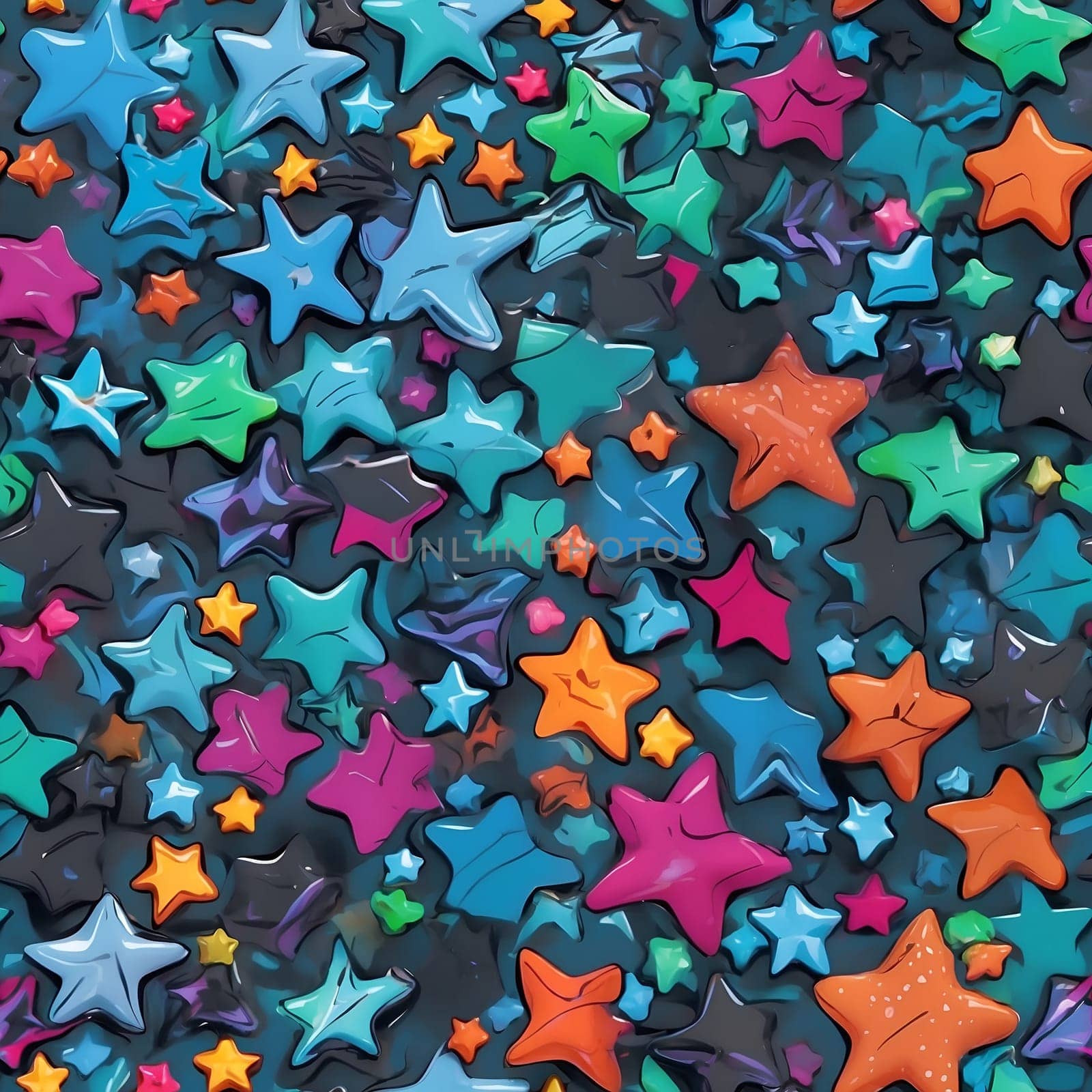 Vibrant Multicolored Stars on Black Seamless Pattern. Generative AI. by artofphoto