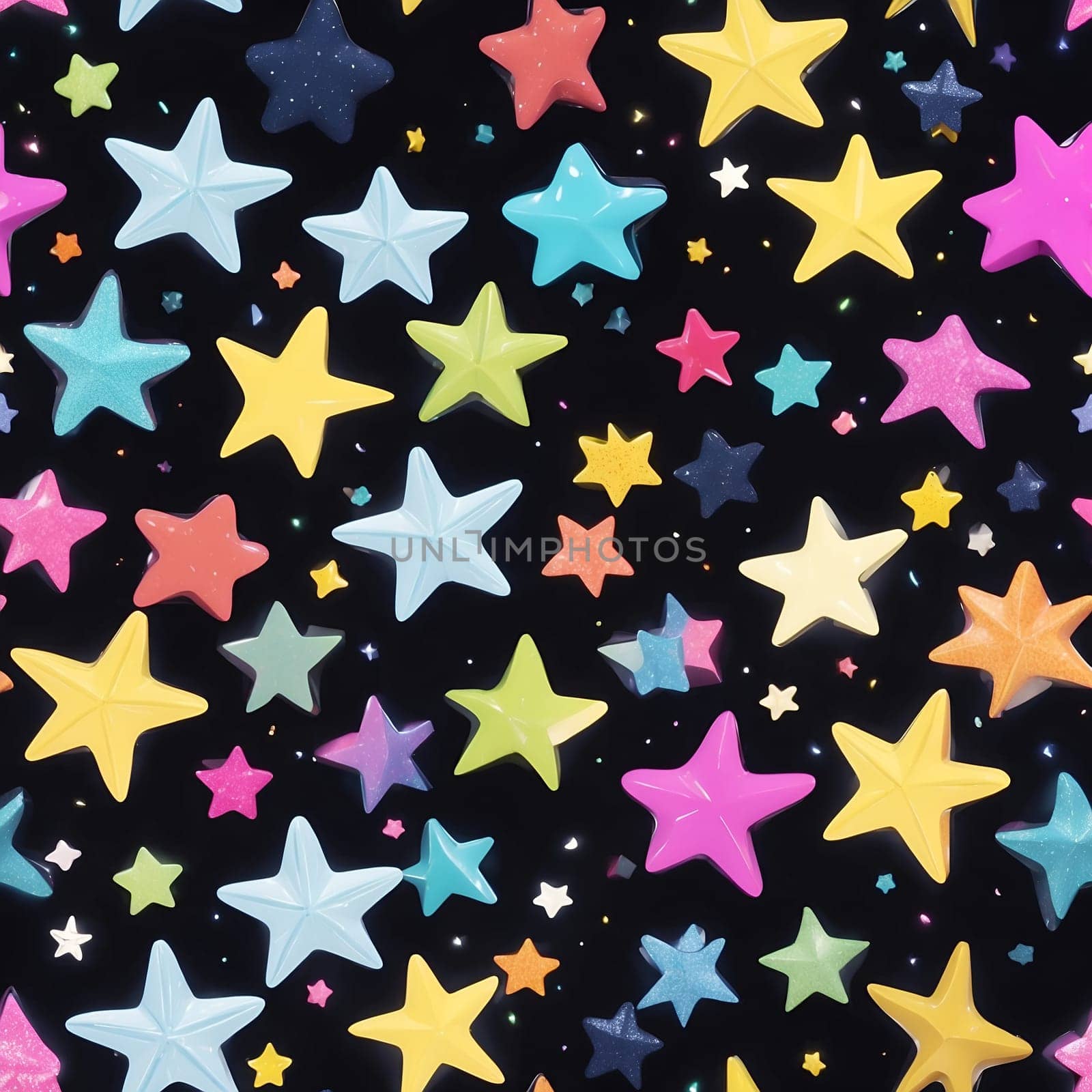 A seamless pattern featuring a multitude of stars that brightly shine against a dark black backdrop.