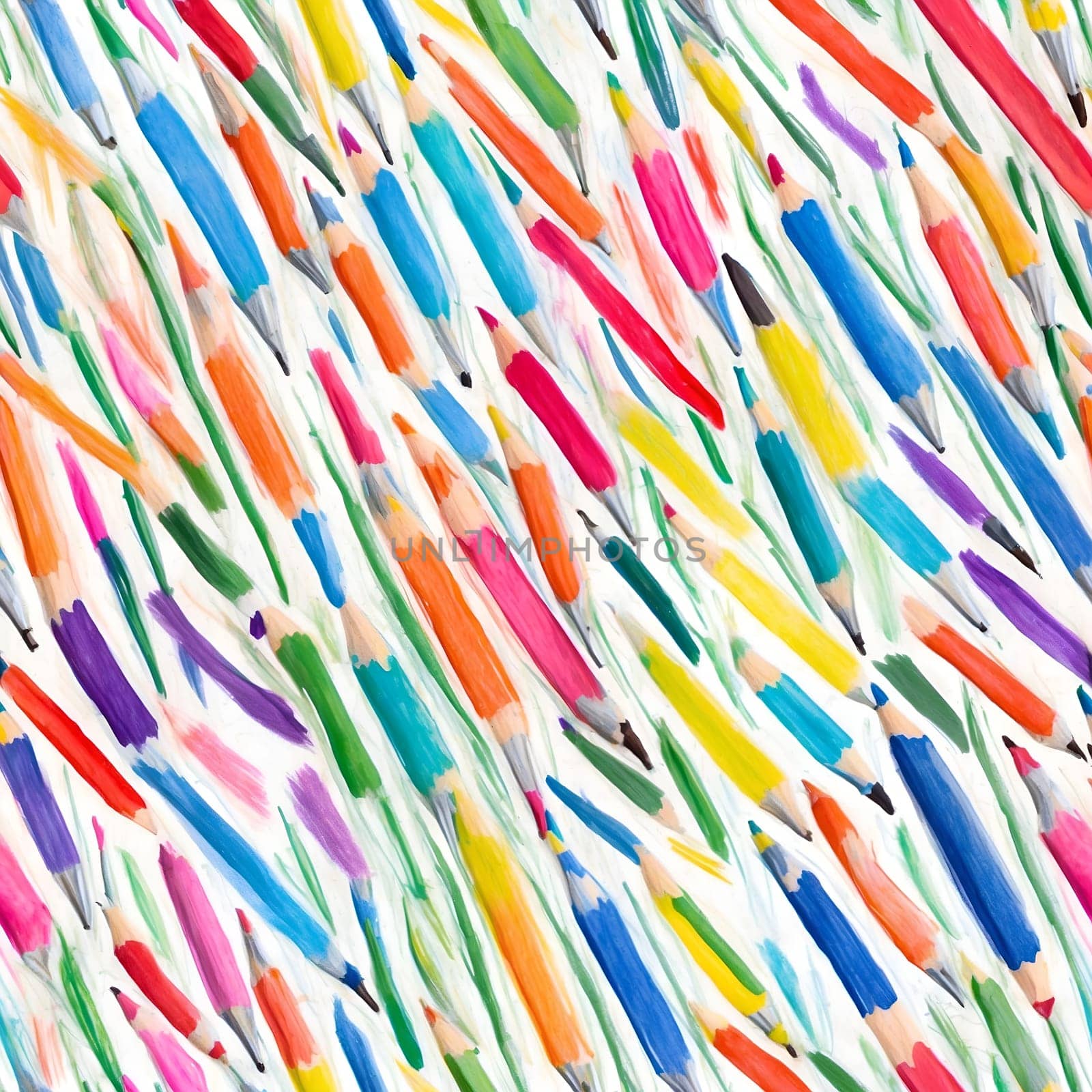 A seamless pattern featuring a painting of numerous colored pencils on a plain white background.