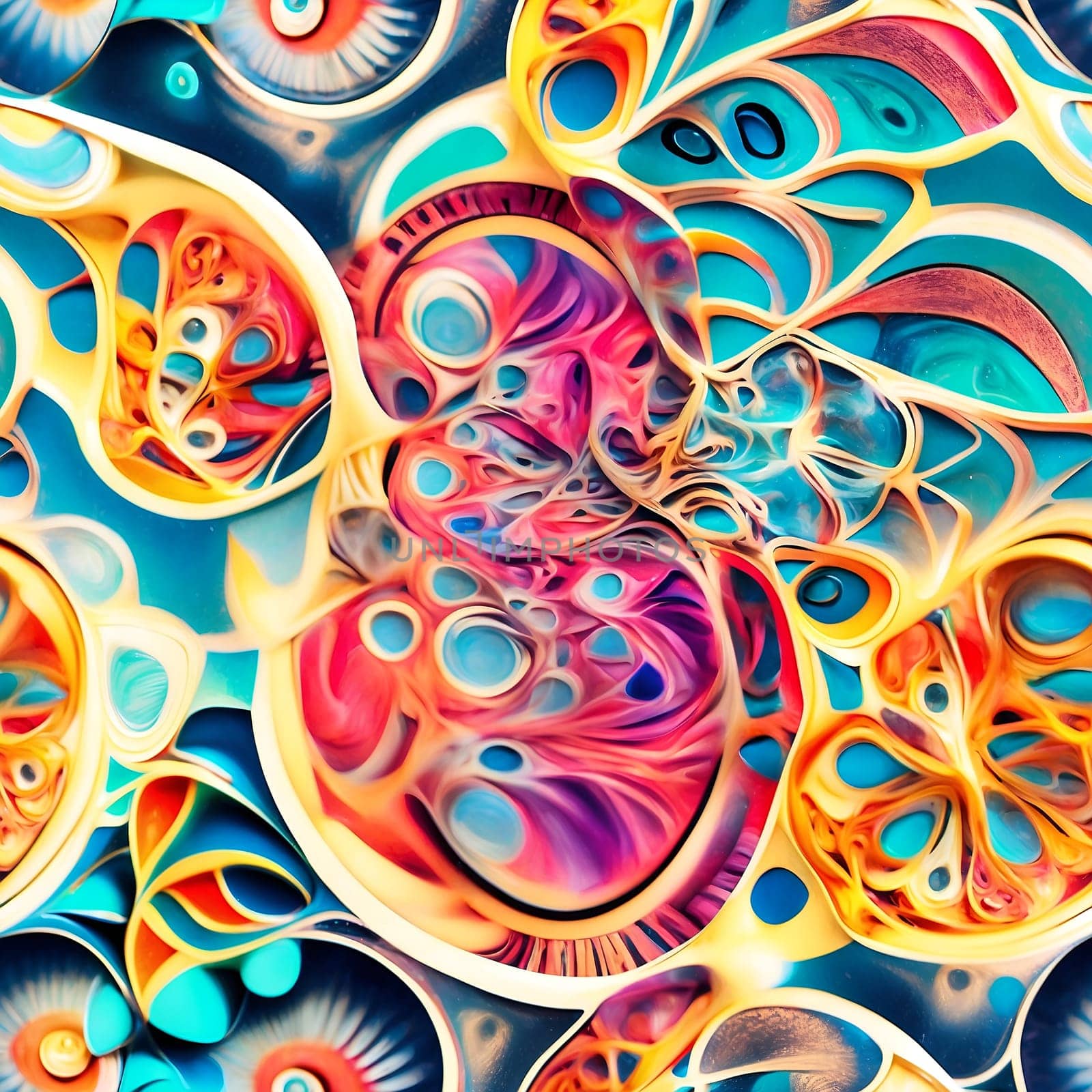 A vibrant abstract painting featuring an array of colors and a seamless pattern of bubbles.