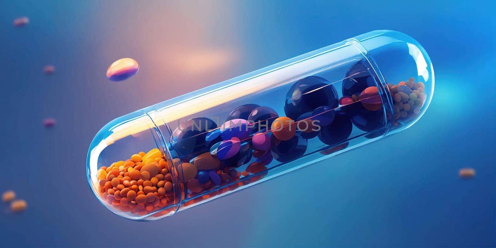 Tablets and pills, capsules fall on a monochromatic background. Generative AI. High quality photo