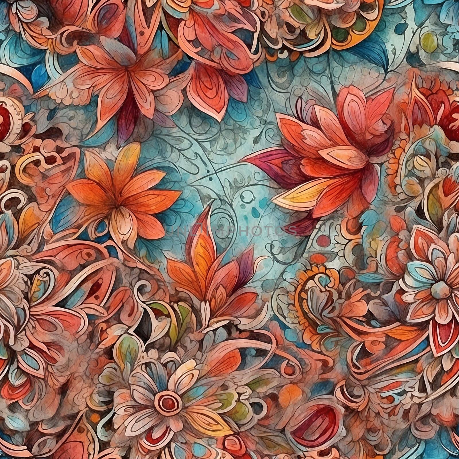 A seamless pattern showcasing a painting of flowers against a blue background.