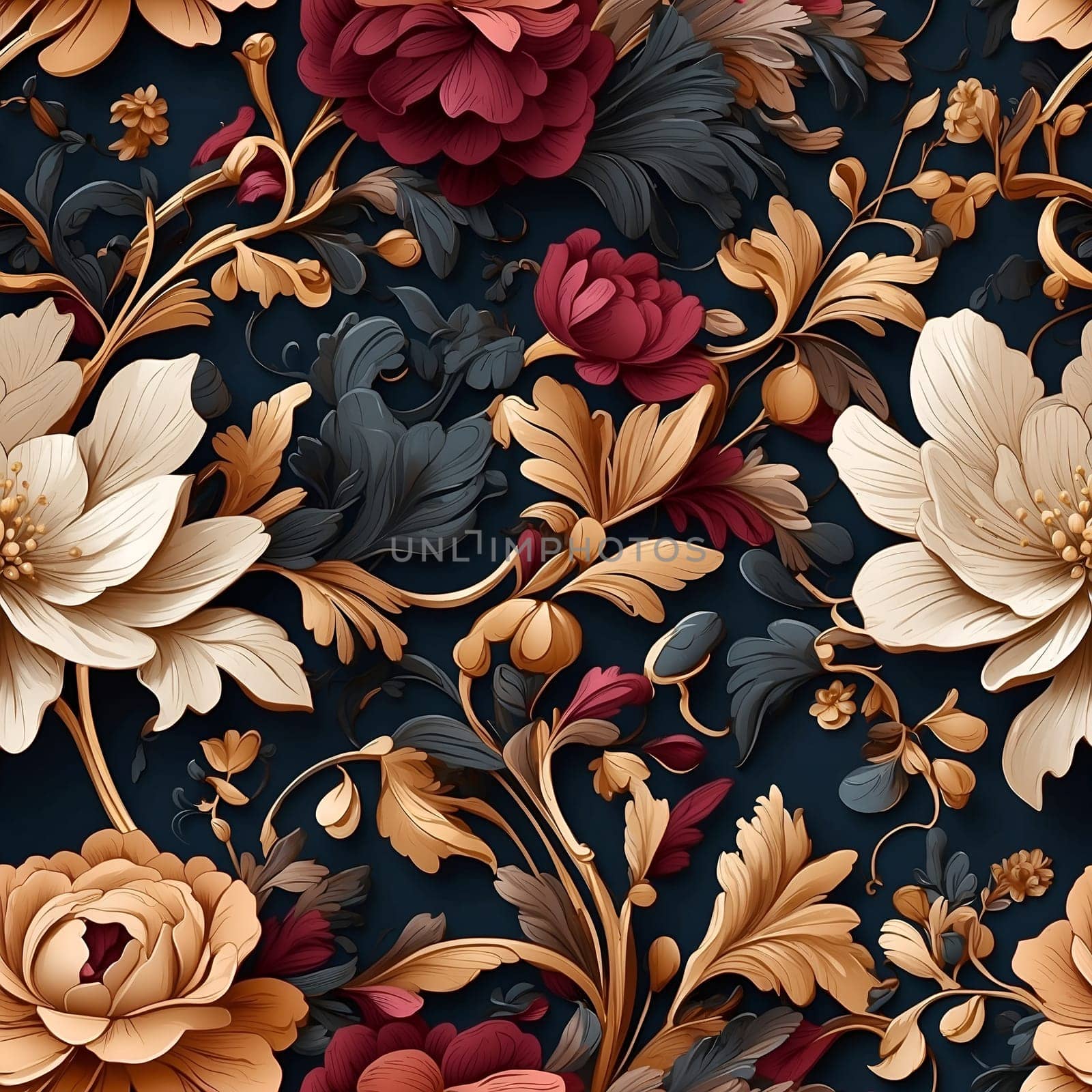 A detailed close-up photograph showcasing a seamless flower pattern against a solid black background.