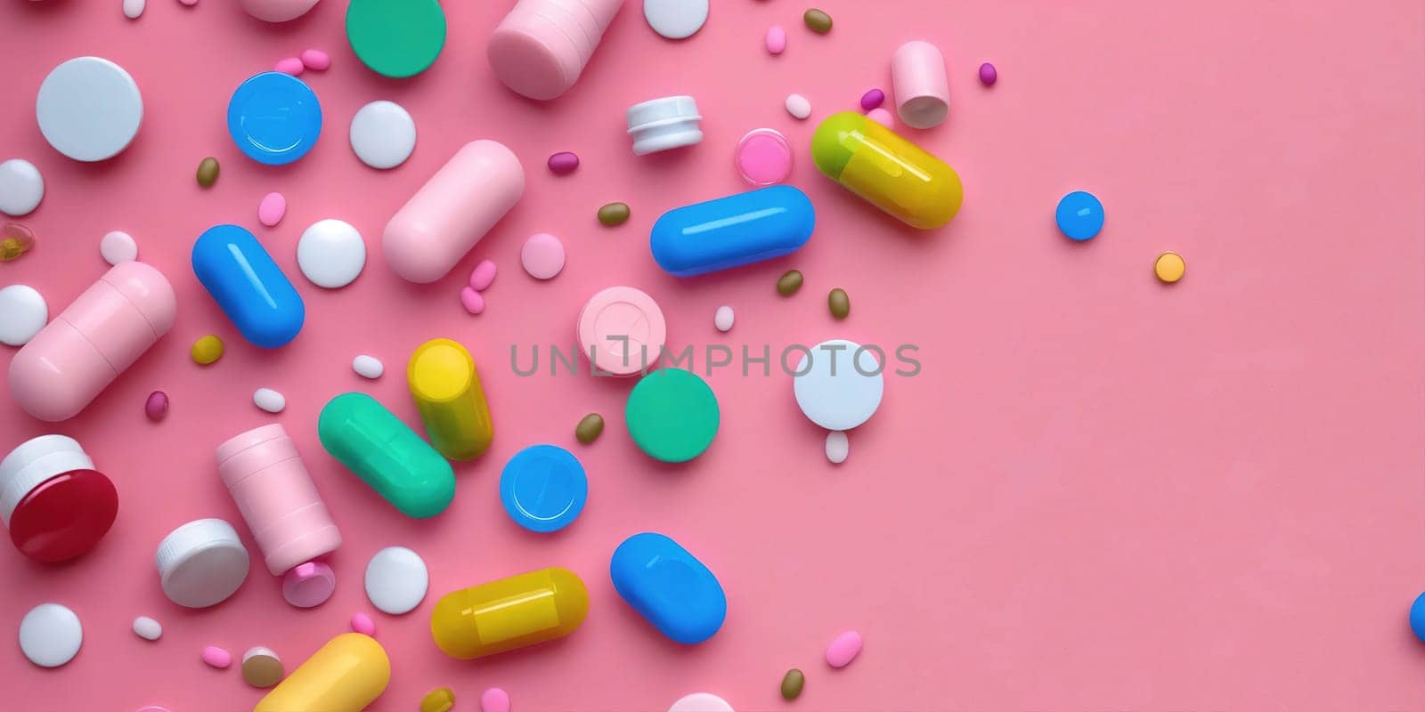 Tablets and pills, capsules fall on a monochromatic background. Generative AI. High quality photo
