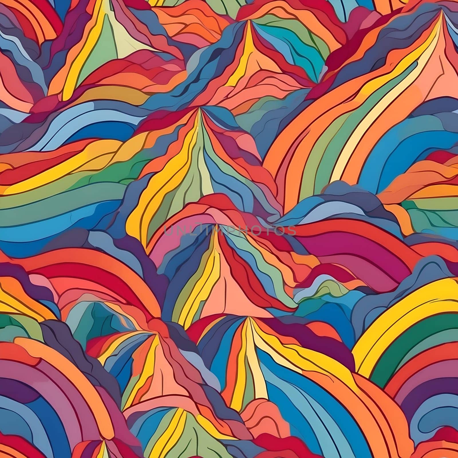 This photo features a seamless pattern of a painting filled with lively lines and various geometric shapes in vibrant colors.