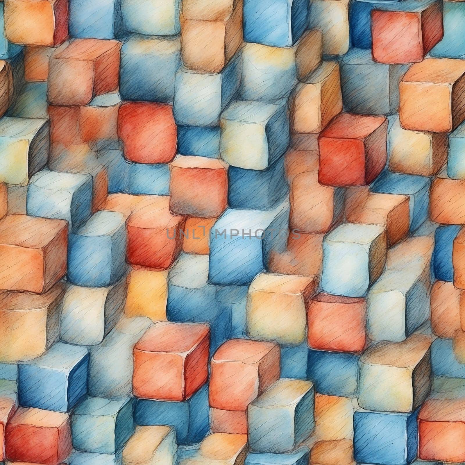 A seamless pattern featuring a painting of cubes in various vibrant colors.