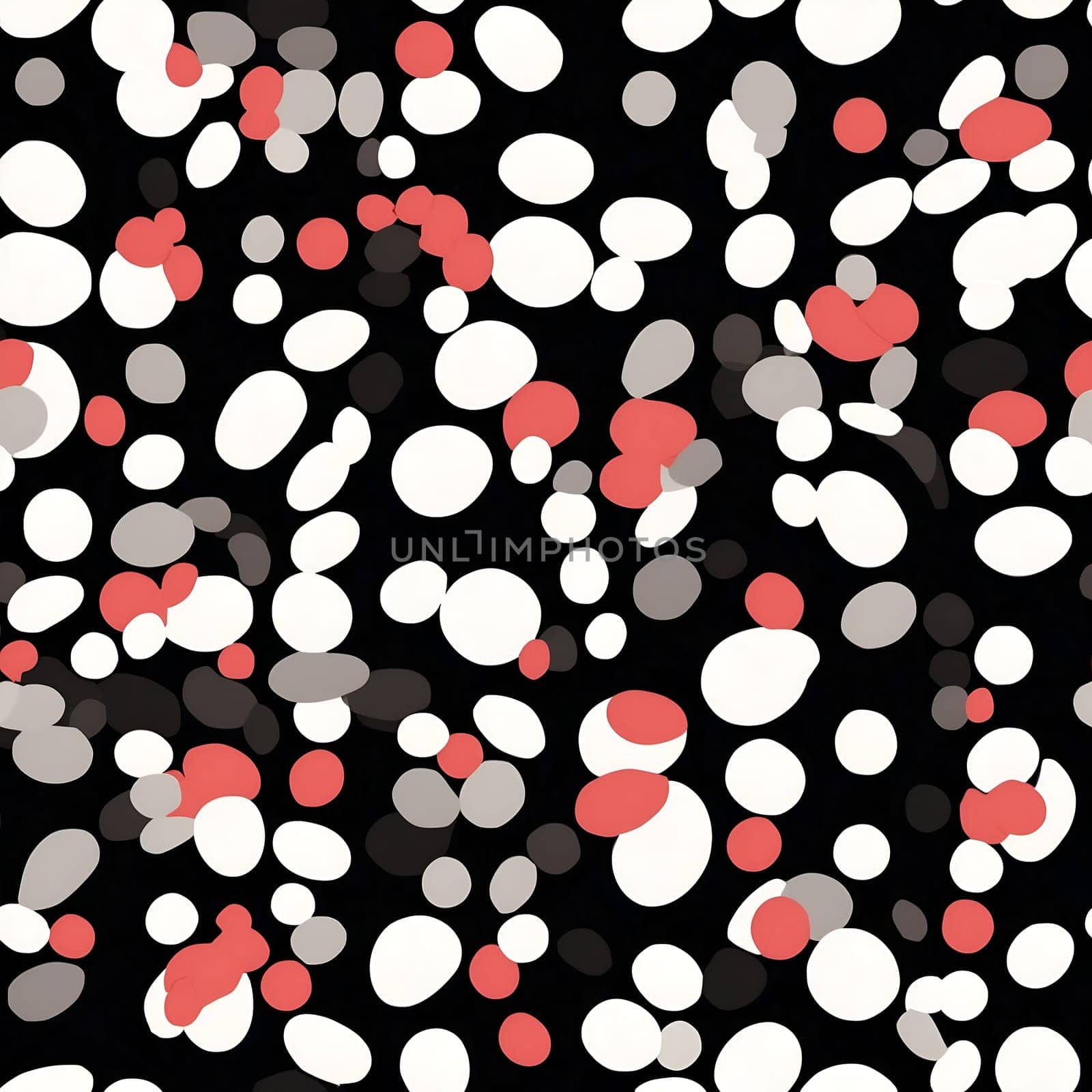 A seamless pattern featuring a black and white background with a series of red dots arranged in a repetitive design.
