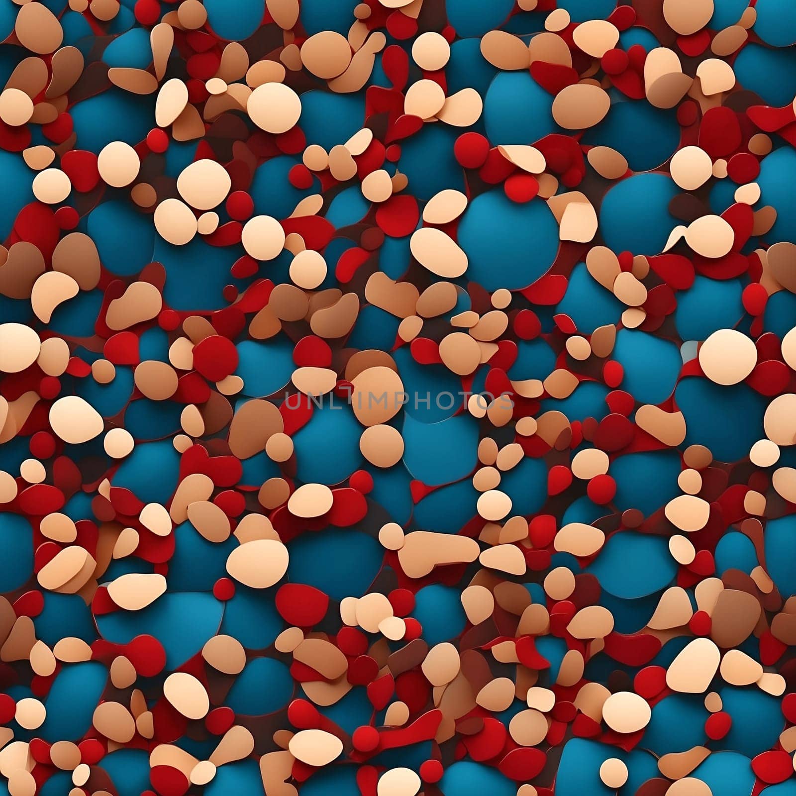 A seamlessly repeating pattern featuring a multitude of red, white, and blue circles.