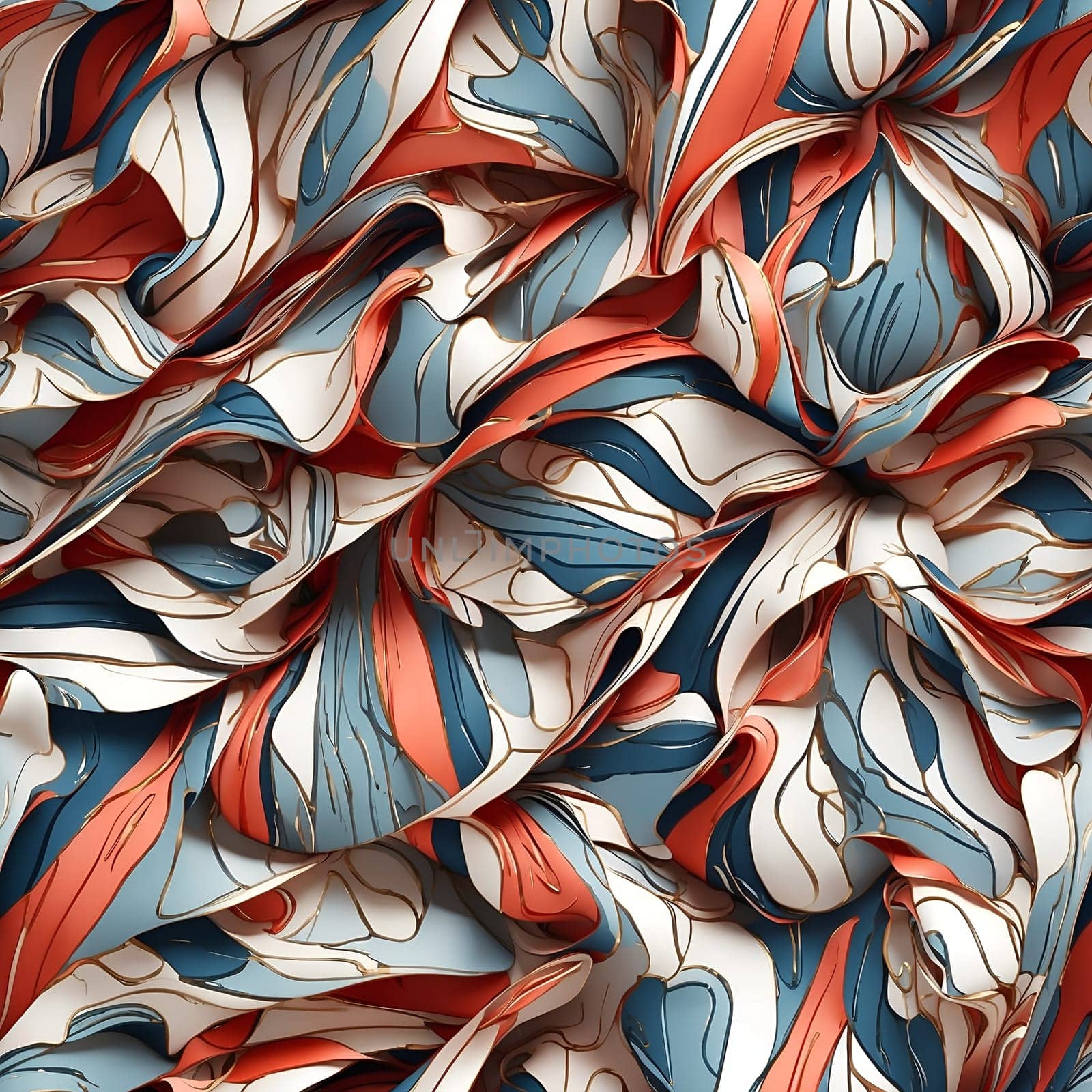 A detailed view of a seamless patterned fabric featuring intricate red, white, and blue designs.