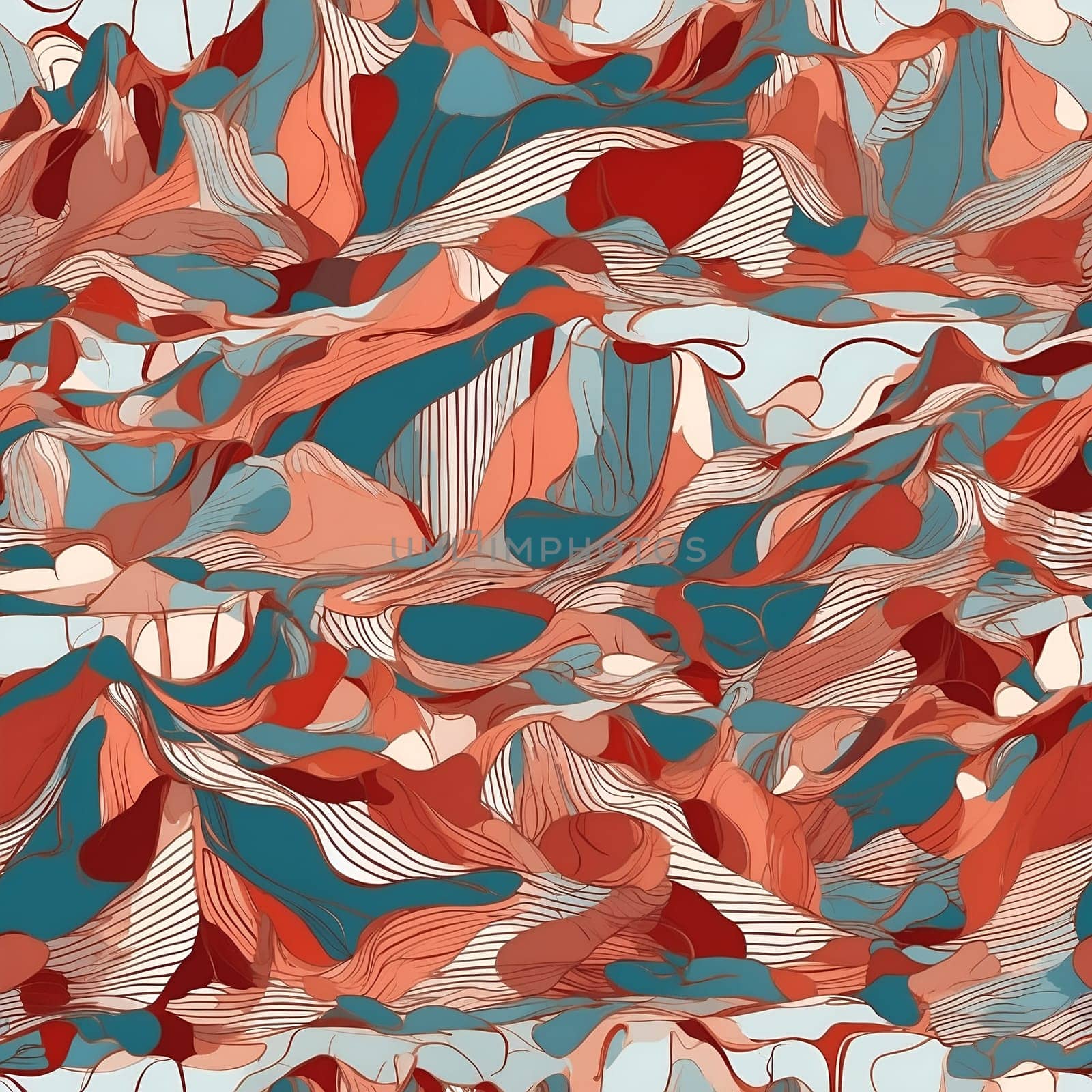 This abstract painting features a seamlessly patterned design of red and blue waves.
