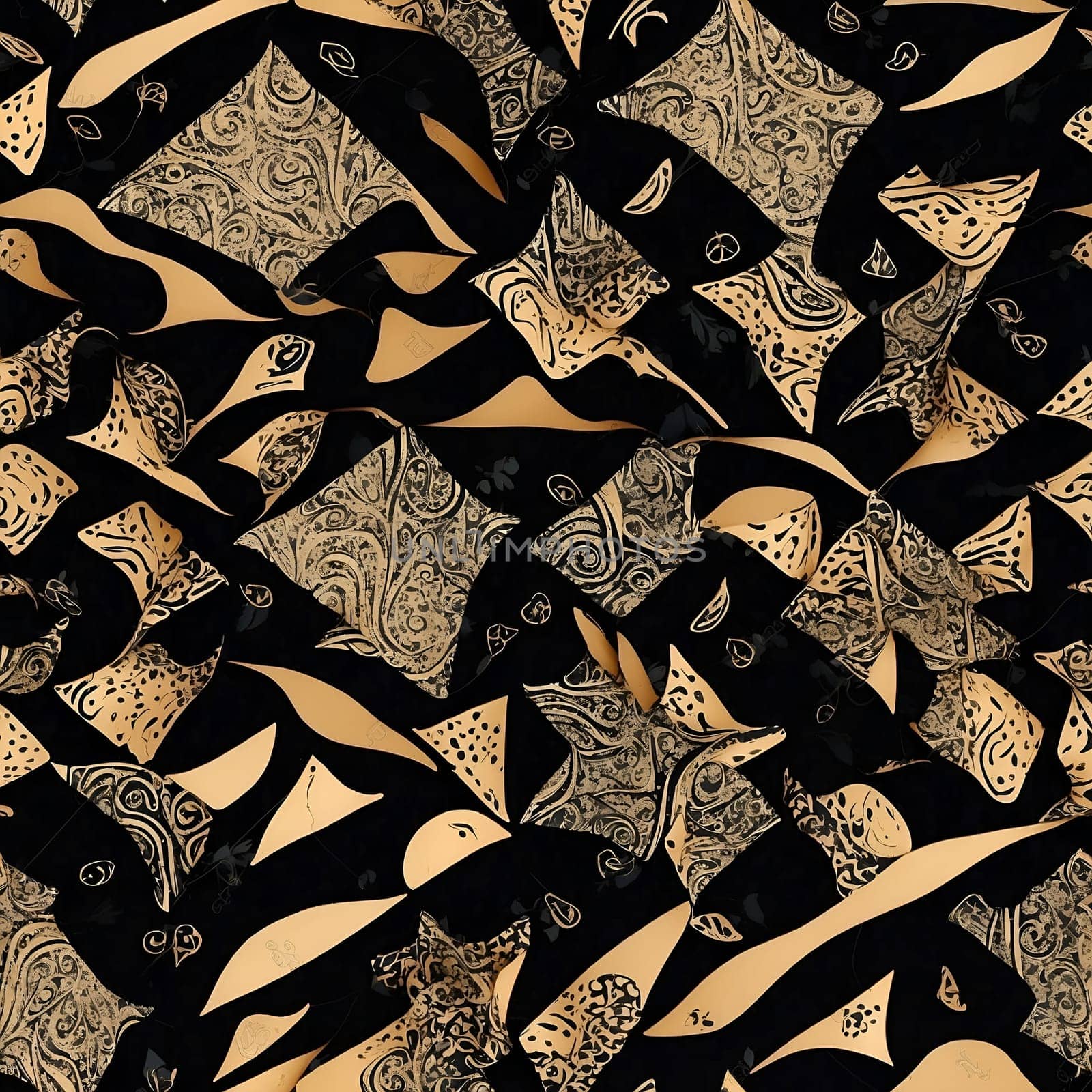 This close-up photo showcases the intricate details of a seamless pattern featuring a black and gold color scheme.