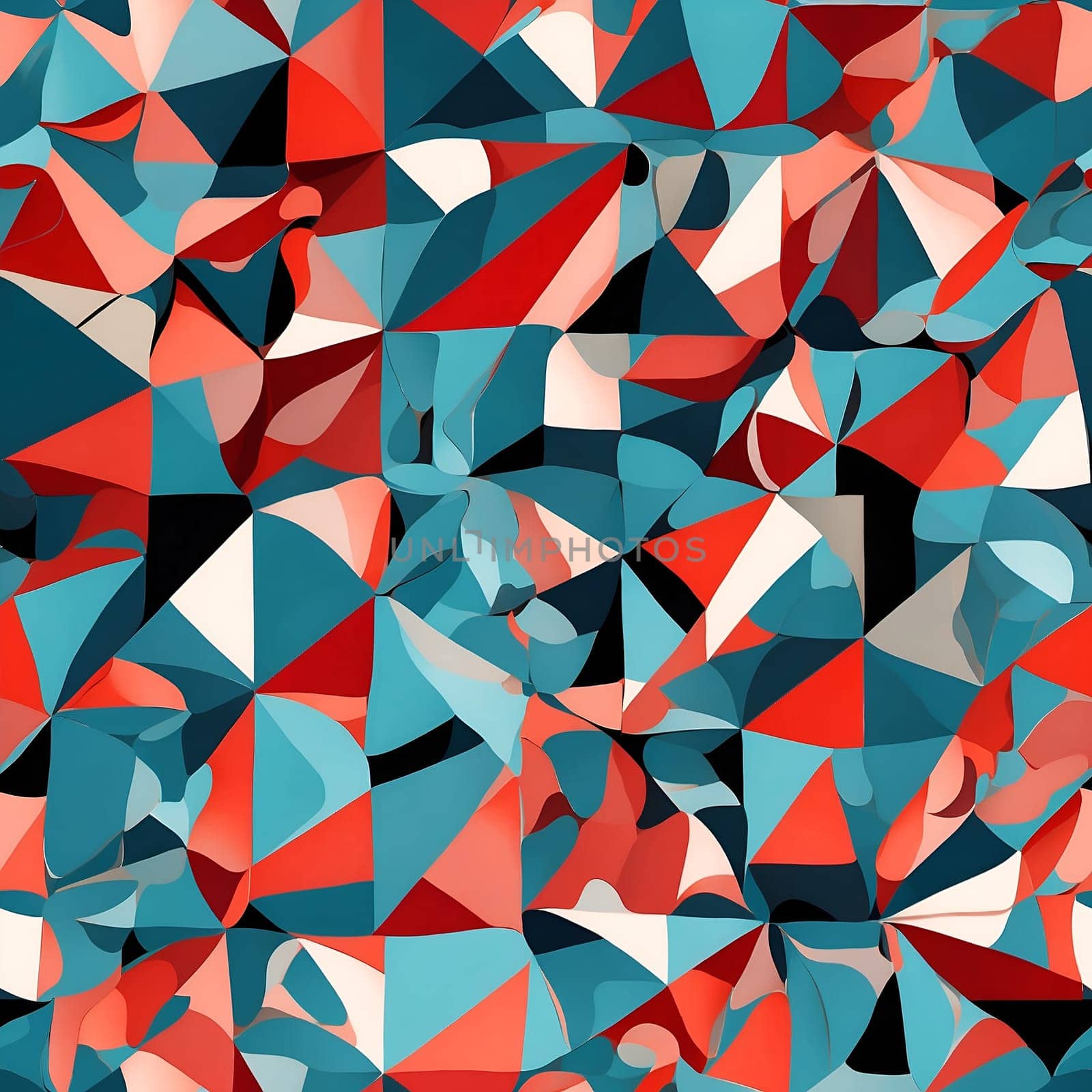 A seamless pattern showcasing a lively and colorful abstract background composed of various red, white, and blue shapes.