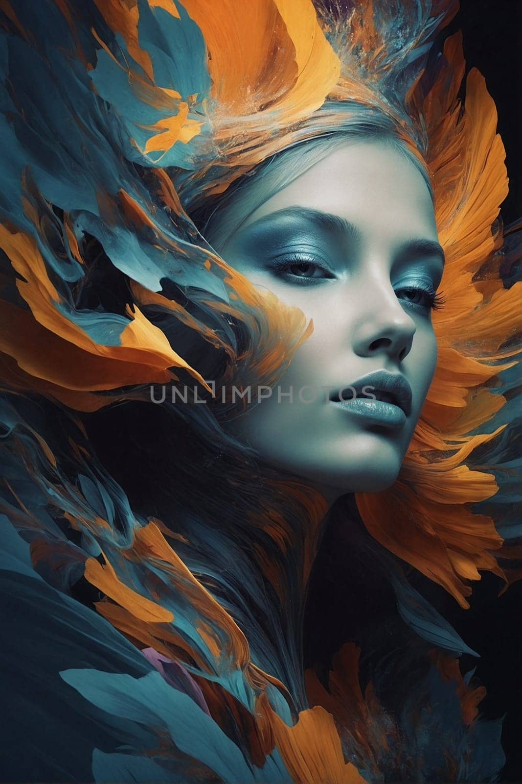 A Painting of a Womans Face With Blue and Yellow Feathers. Generative AI. by artofphoto