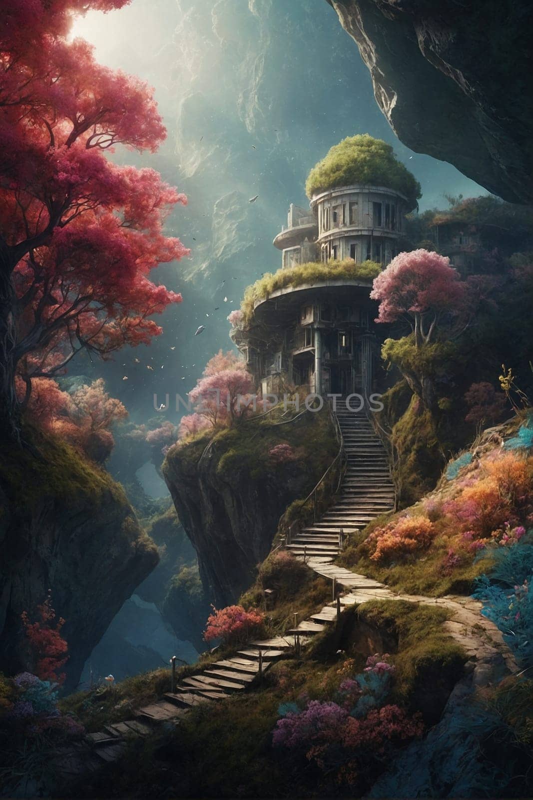 House in the Middle of a Forest With Stairs Leading Up. Generative AI. by artofphoto