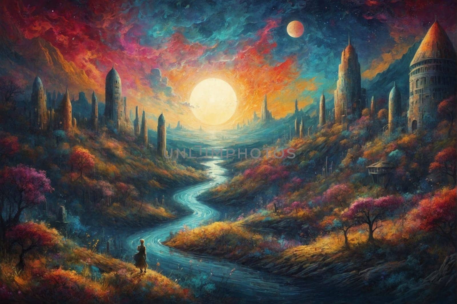 A painting depicting a beautifully imagined fantasy landscape with a river flowing through it.