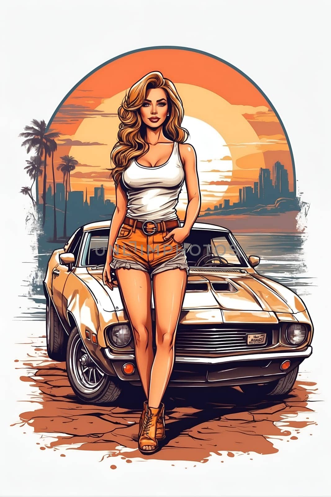 A detailed drawing depicting a woman standing confidently next to a sleek car, showcasing strength and style.