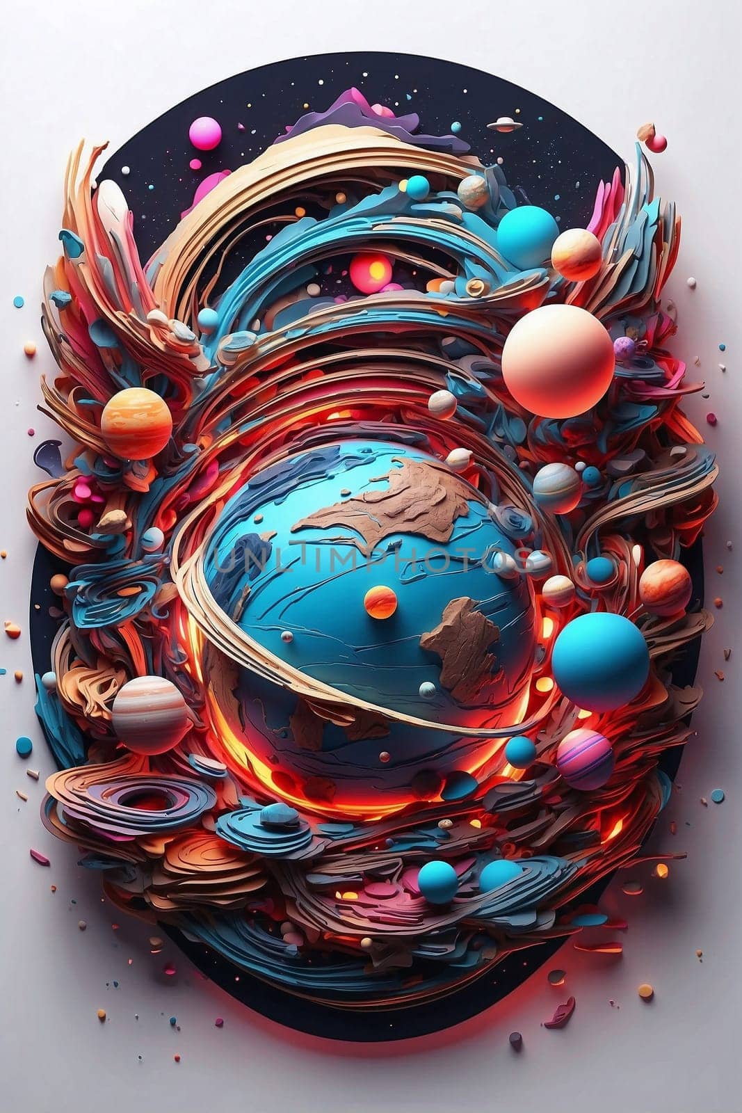 This photo captures a blue planet encircled by vibrant and diverse objects.