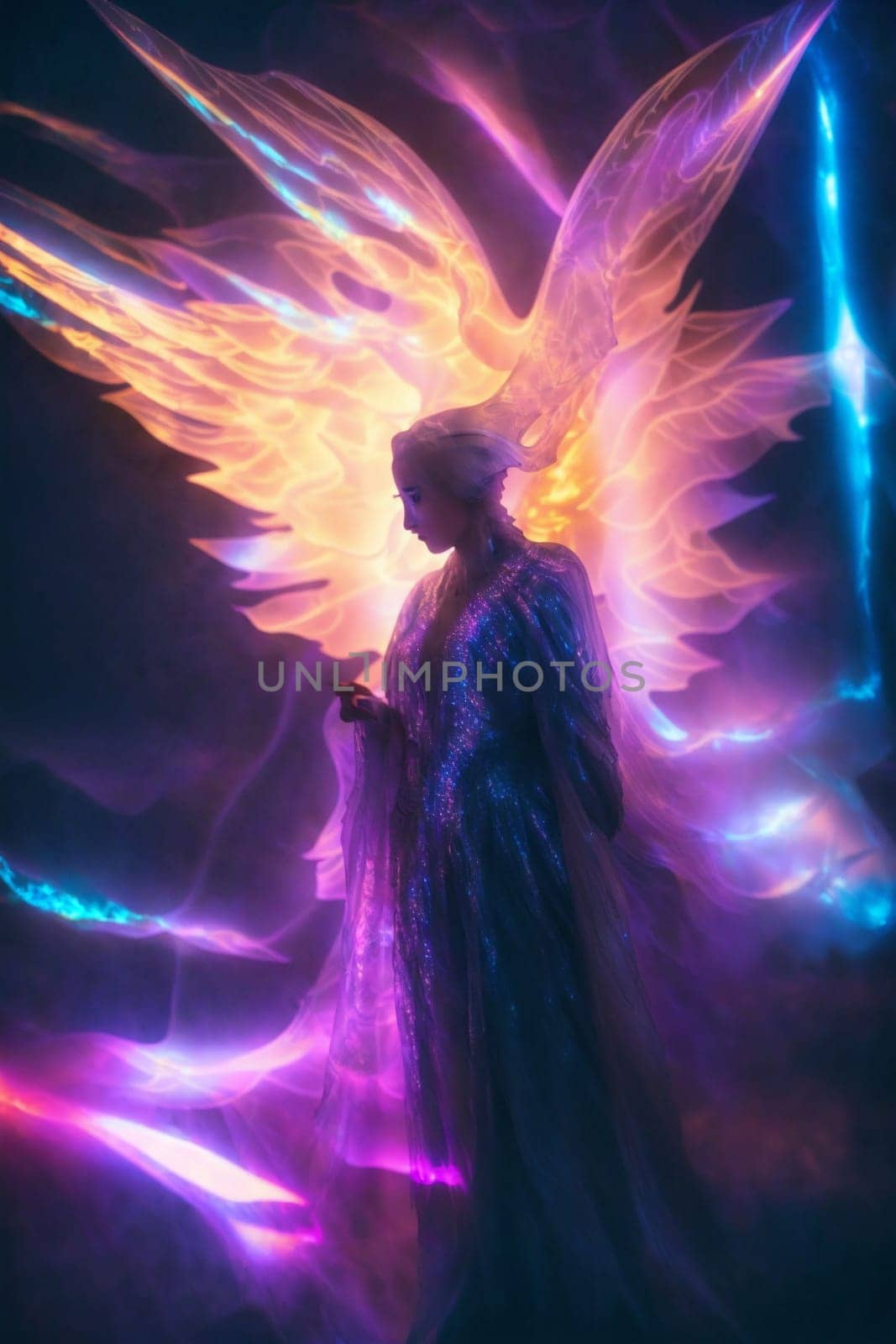 Angel Standing in Front of a Colorful Background. Generative AI. by artofphoto