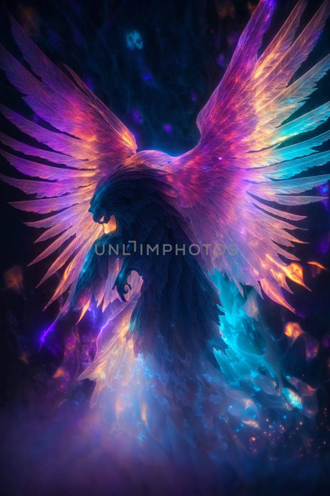 A vibrant bird with strikingly colored wings soars gracefully through an open expanse.