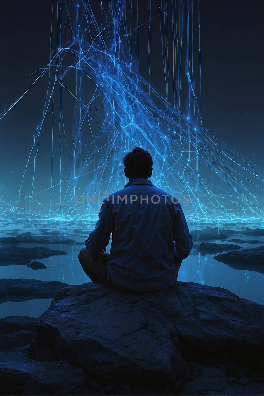 Man Sitting on Top of Rock Next to Body of Water. Generative AI. by artofphoto