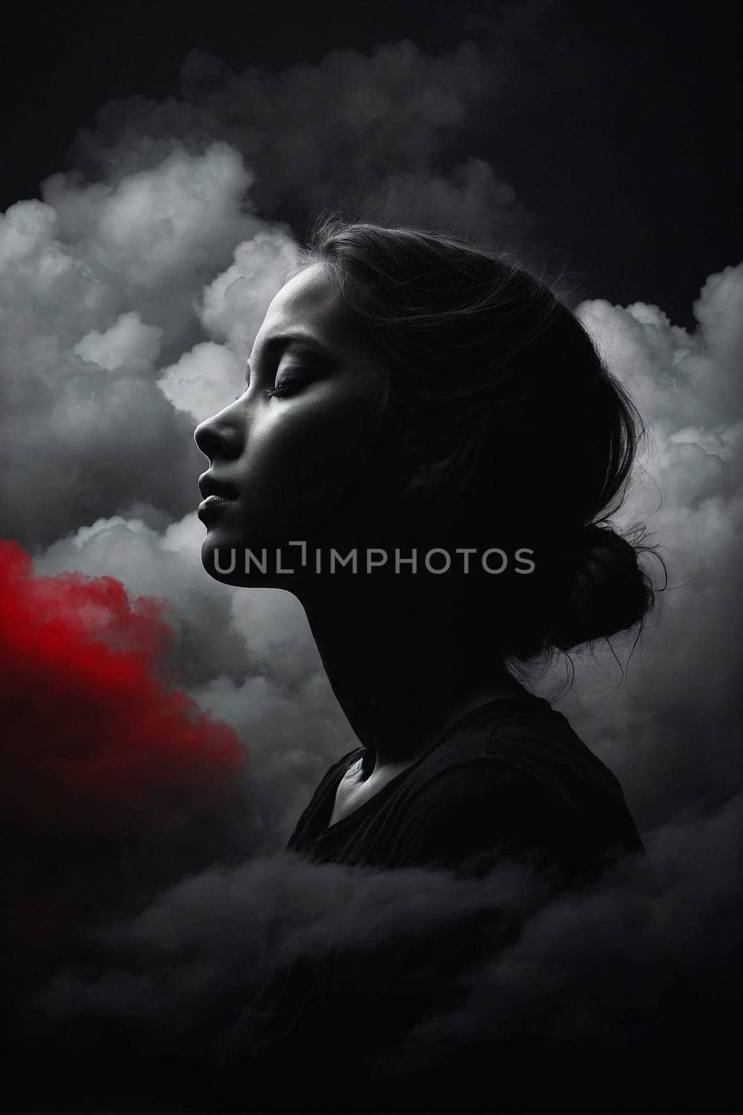 A woman confidently stands amidst the clouds as a vibrant red cloud hovers behind her.