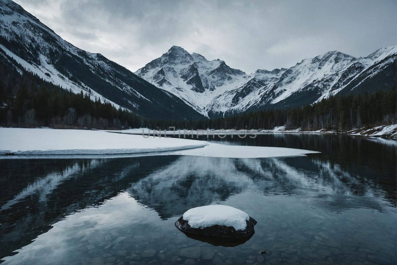 A mountain lake sits nestled amidst snow-covered mountains, creating a breathtaking scene of natural beauty.