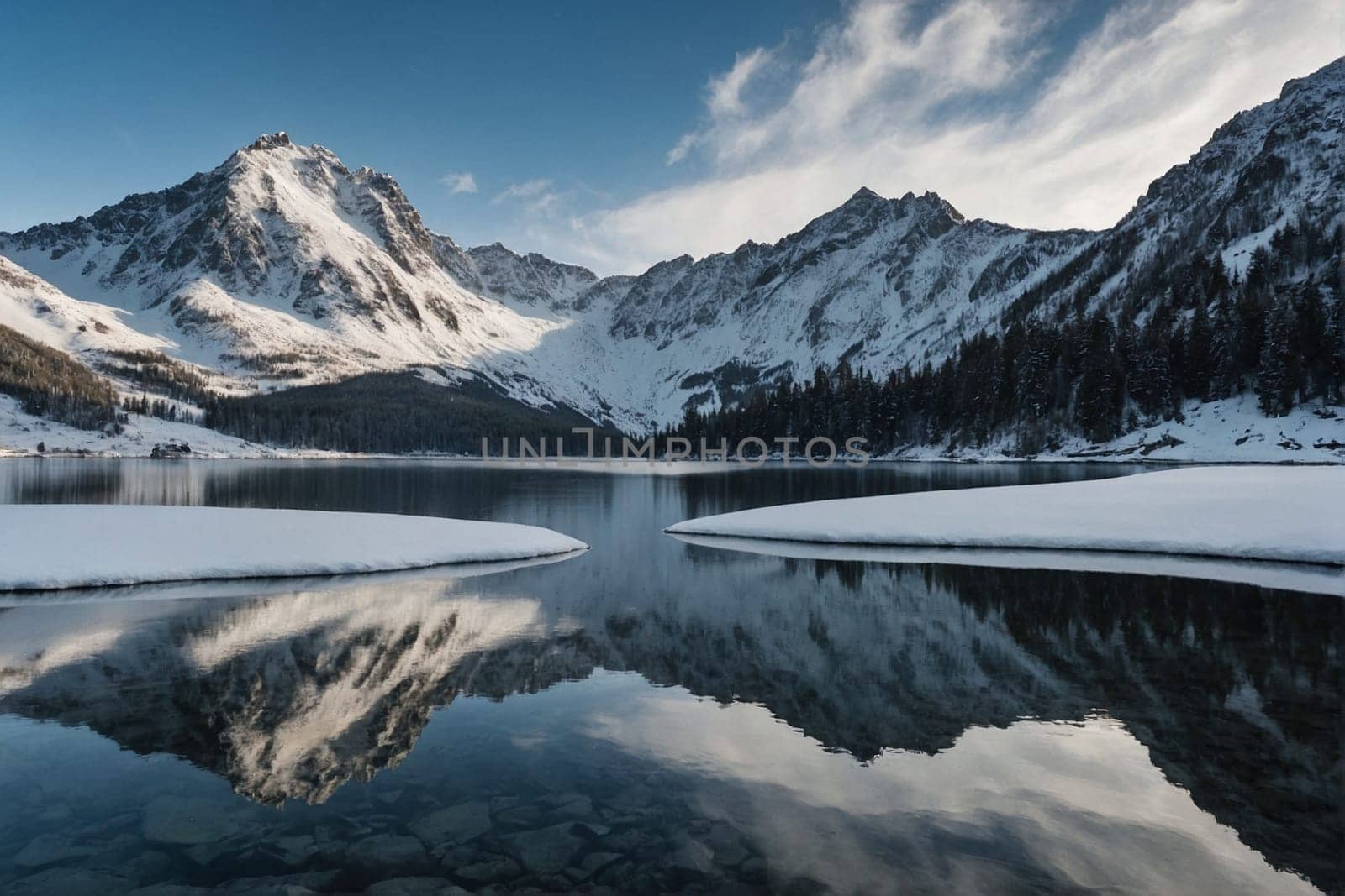 A serene lake peacefully nestled within a majestic landscape of snow-covered mountains.