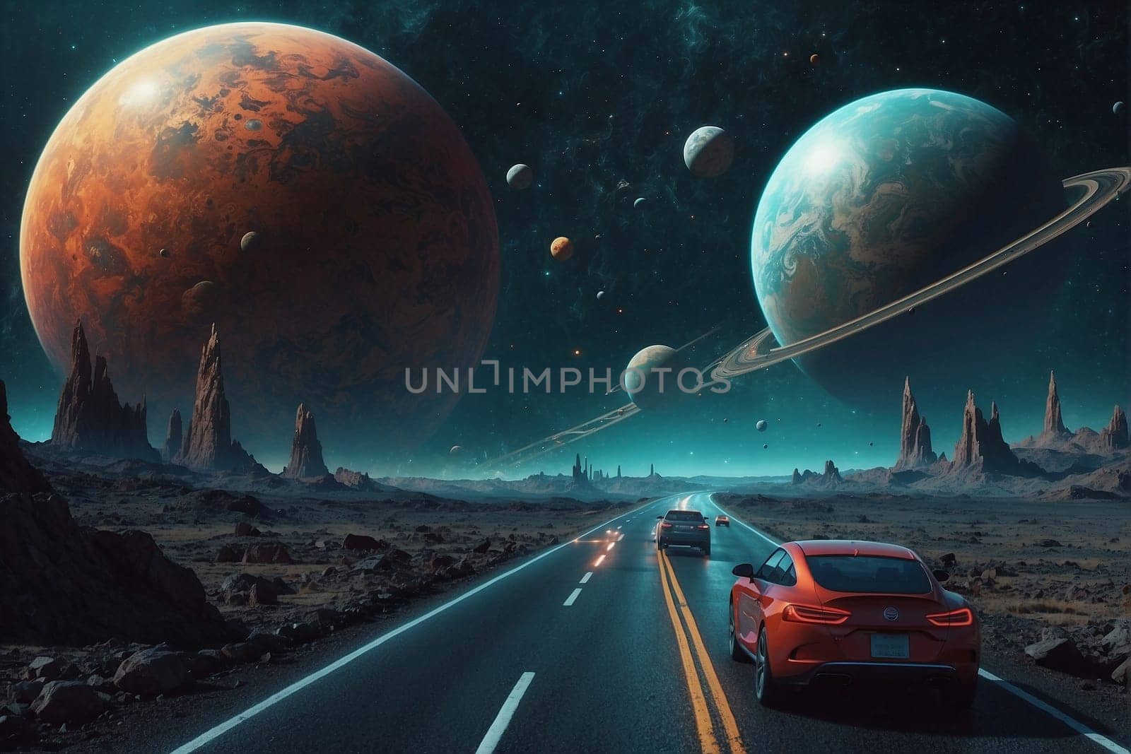 A red car drives down a road next to planets in this captivating image.