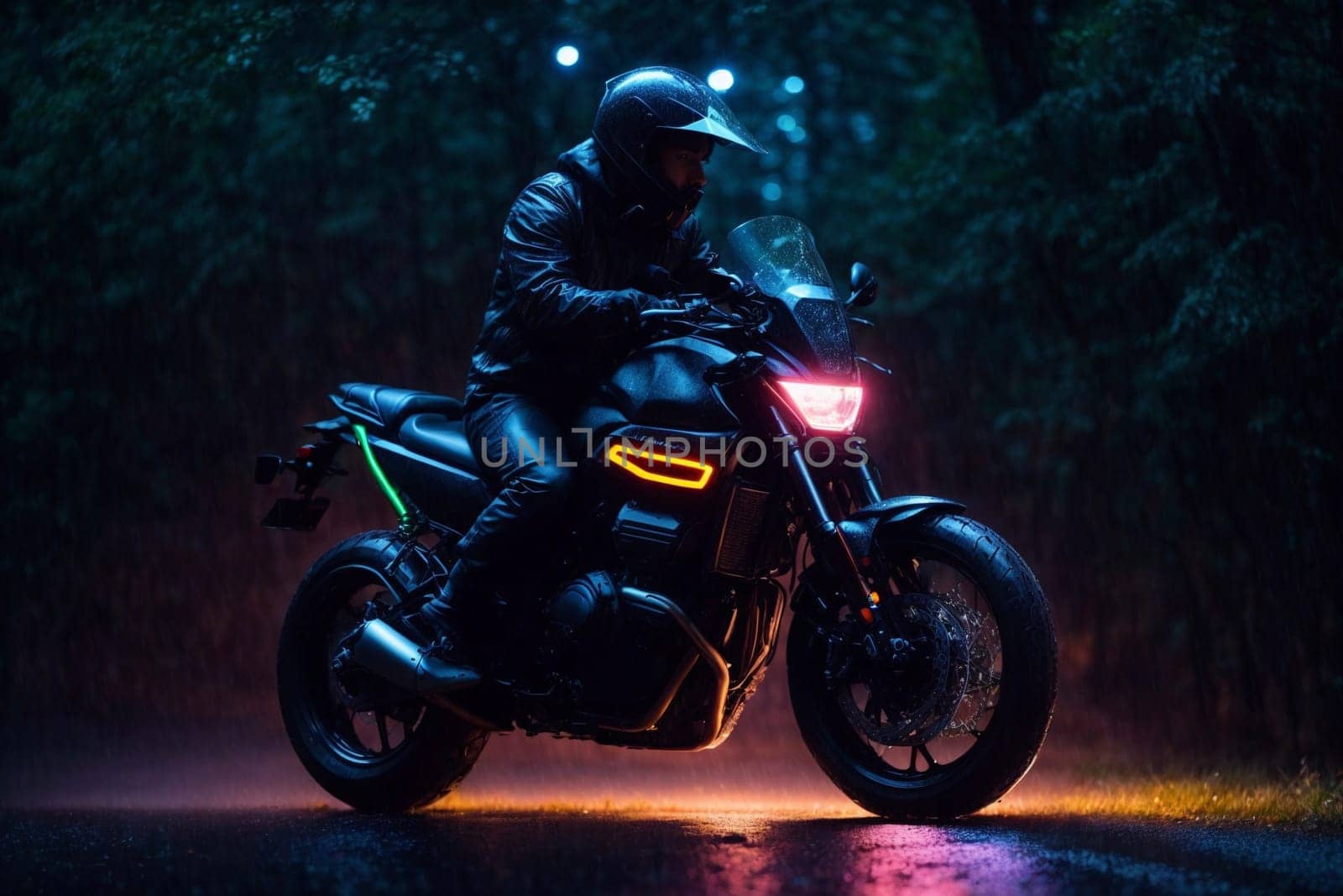 A man confidently rides his motorcycle on a wet road, navigating through the conditions with skill and caution.