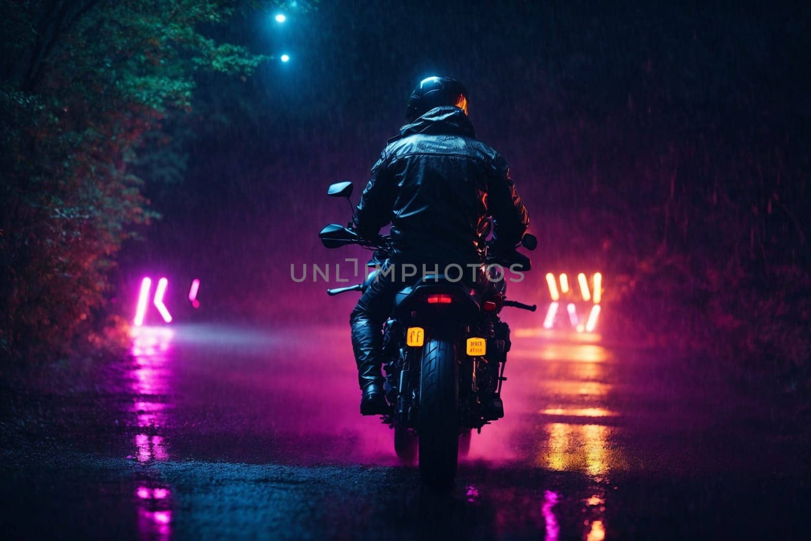 Person Riding Motorcycle on Wet Road. Generative AI. by artofphoto