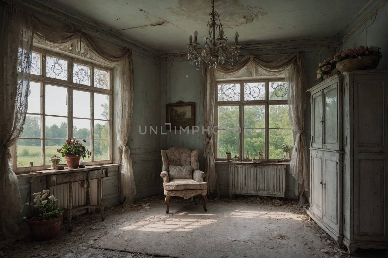 An Old Room With a Chair and a Chandelier. Generative AI. by artofphoto