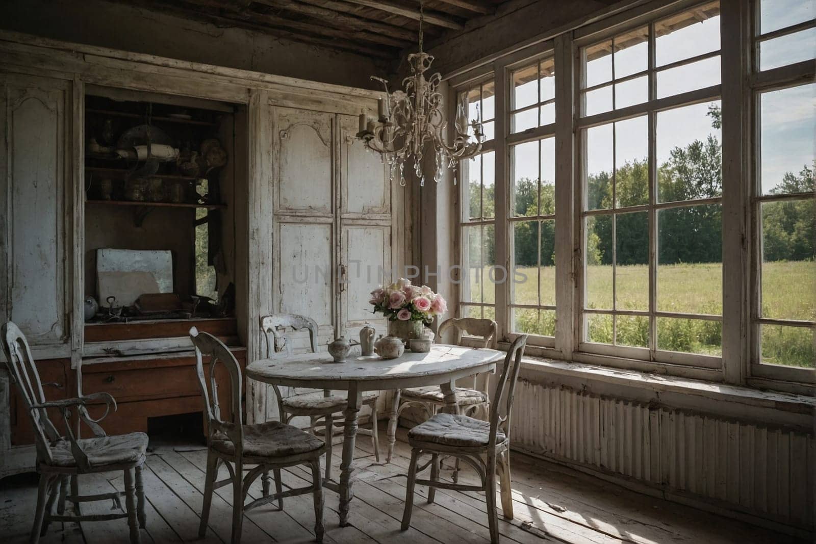 A room with ample natural light features a table and chairs arrangement near large windows.