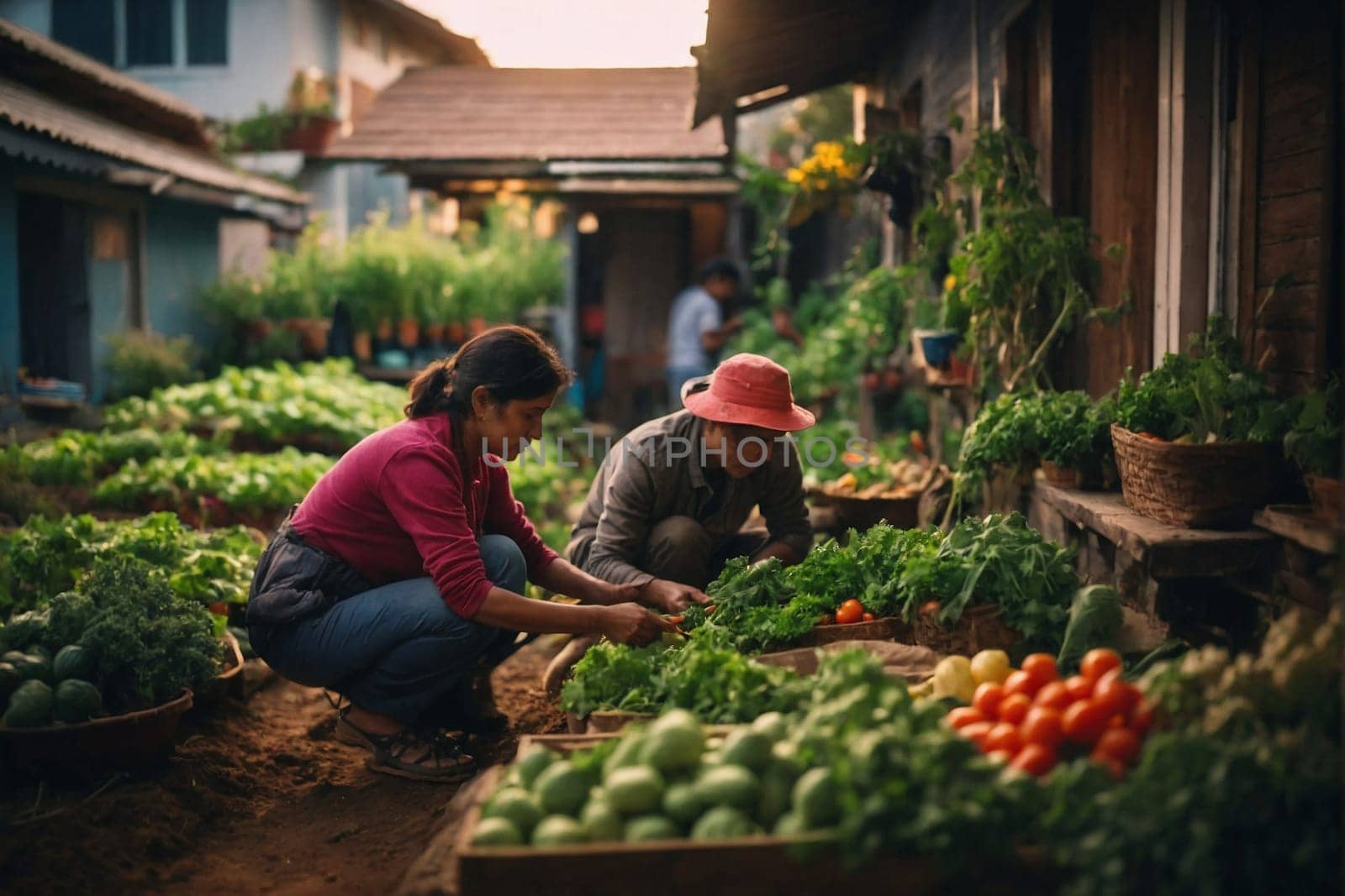 A couple of individuals kneeling down in the dirt, engaged in an activity or interacting with the environment.