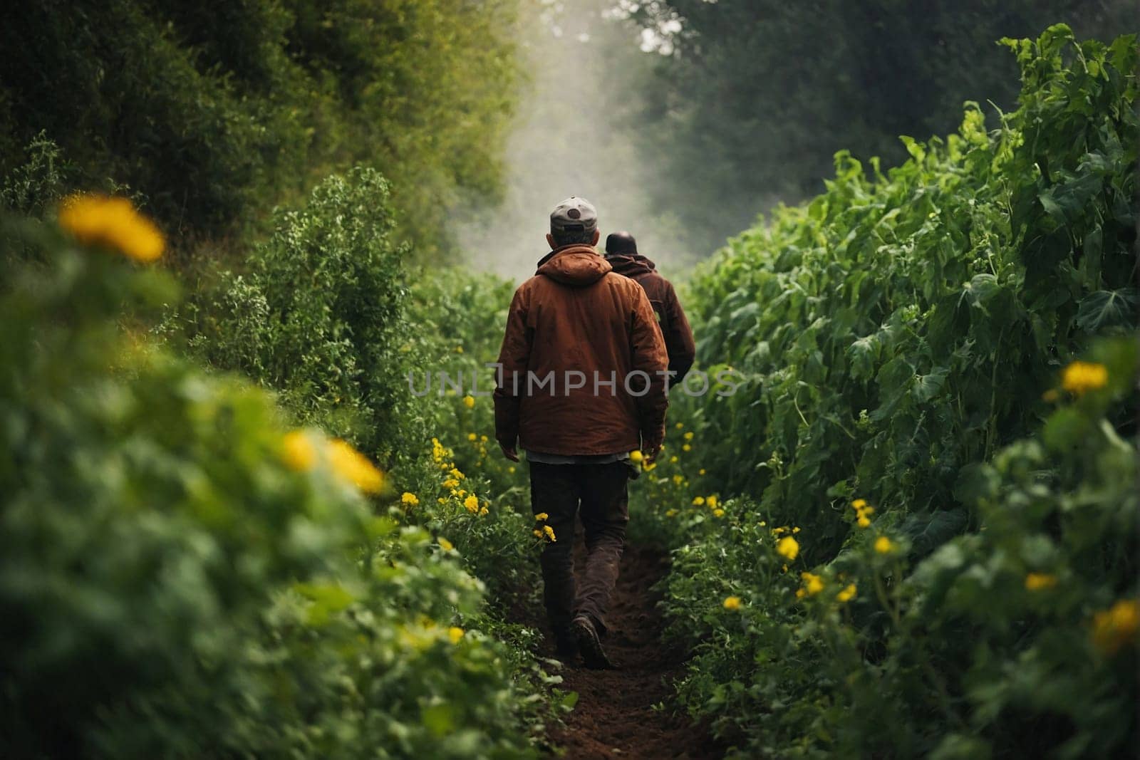 A Man Walking Down a Dirt Path in a Field. Generative AI. by artofphoto