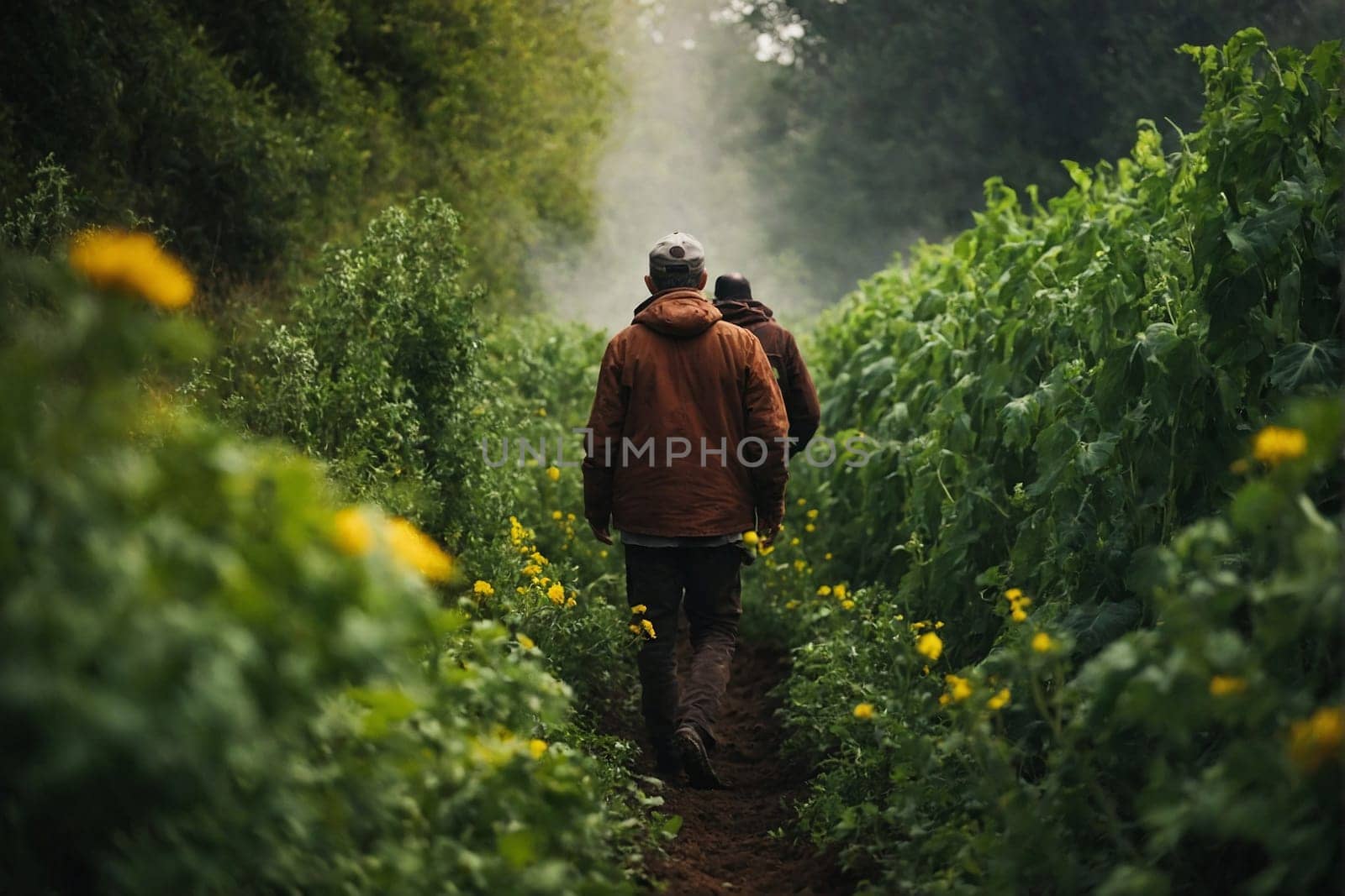 A man walks along a dirt path in a vast open field surrounded by nature.