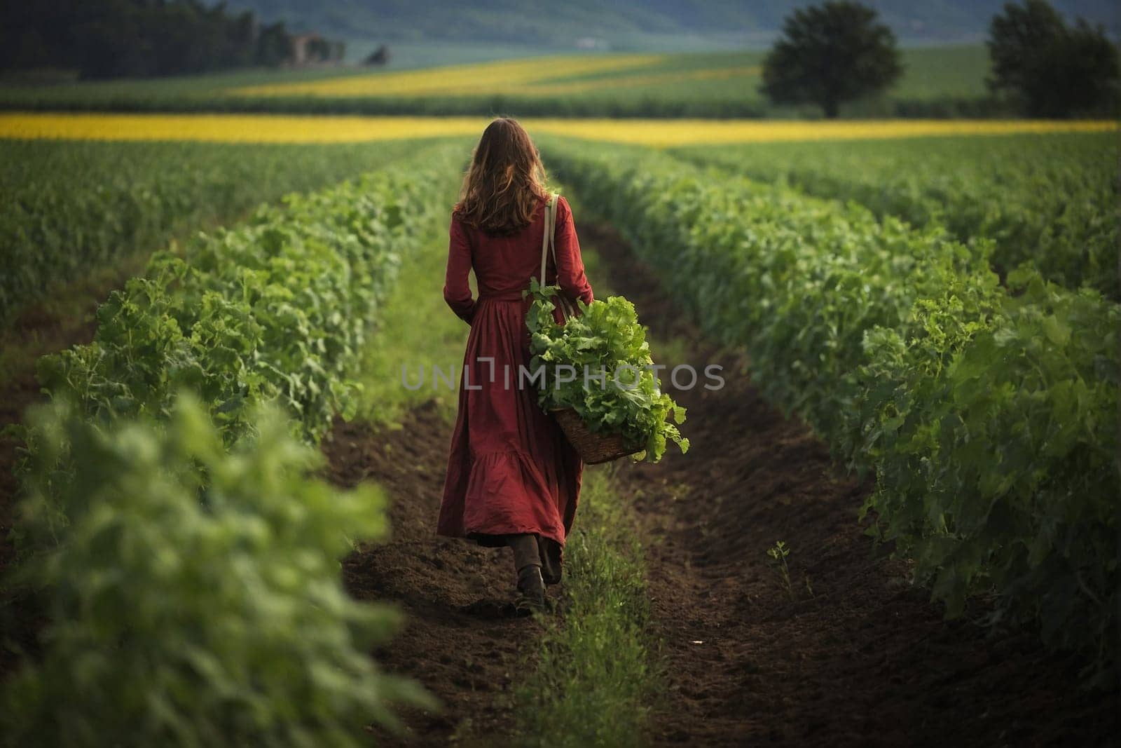 A woman dressed in a vibrant red dress gracefully walks through a lush field.