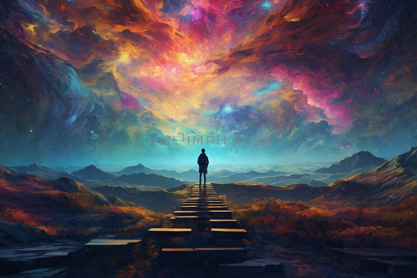 A person stands on a stairway, looking up at a sky filled with fluffy clouds.