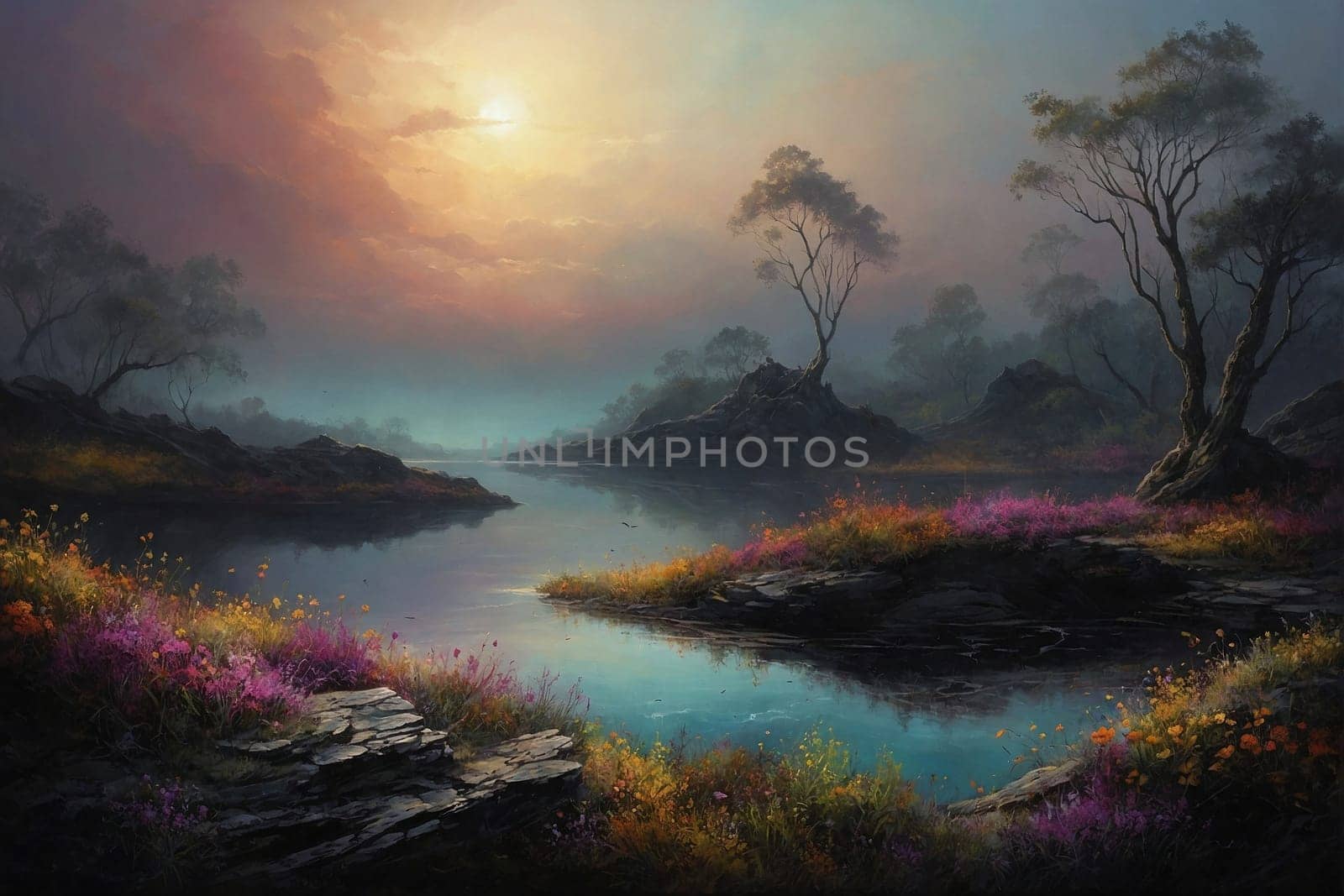 The sun sets, casting a soft glow over a calm lake bordered by blossoming wildflowers and silhouetted trees.