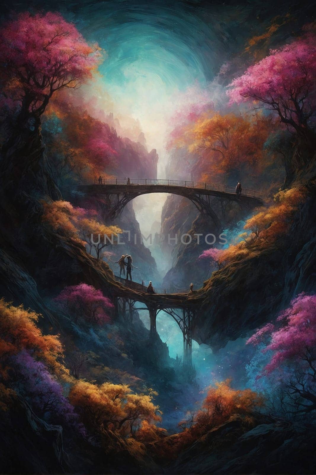 A Painting of a Bridge in the Middle of a Forest. Generative AI. by artofphoto