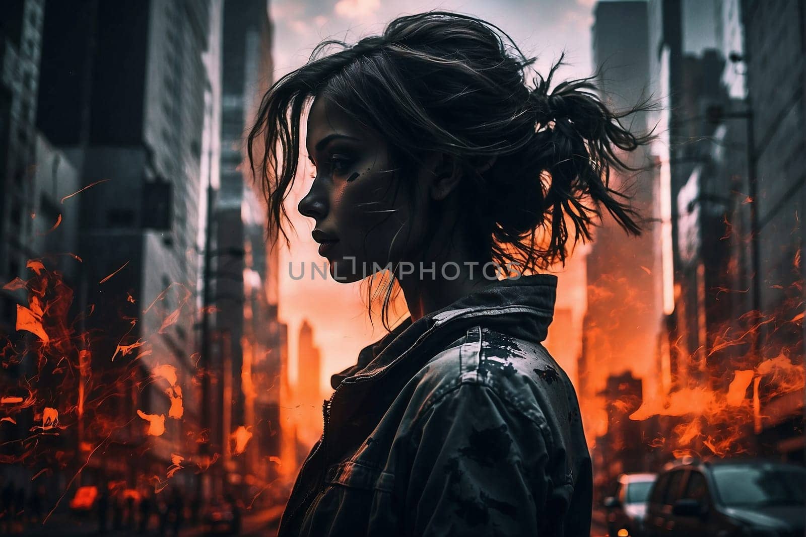 A woman confidently stands in the bustling city, surrounded by tall buildings and busy streets.