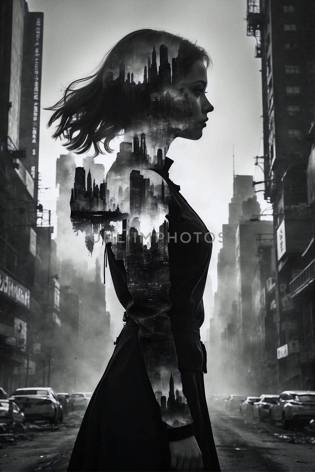 Woman Standing in the Middle of a City. Generative AI. by artofphoto