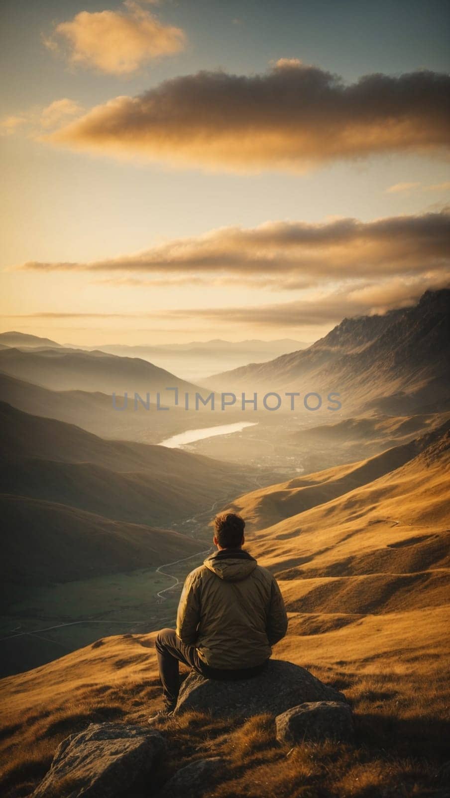 A man sits atop a grassy hillside, enjoying the view and the peaceful surroundings.