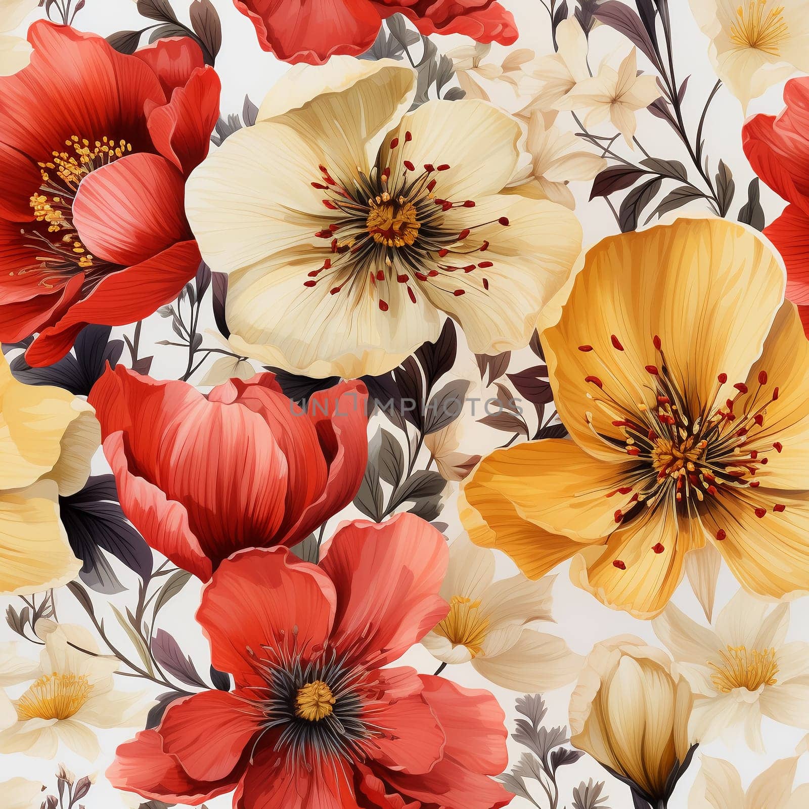 Seamless pattern tile background flowers and floral leaves plants. High quality photo