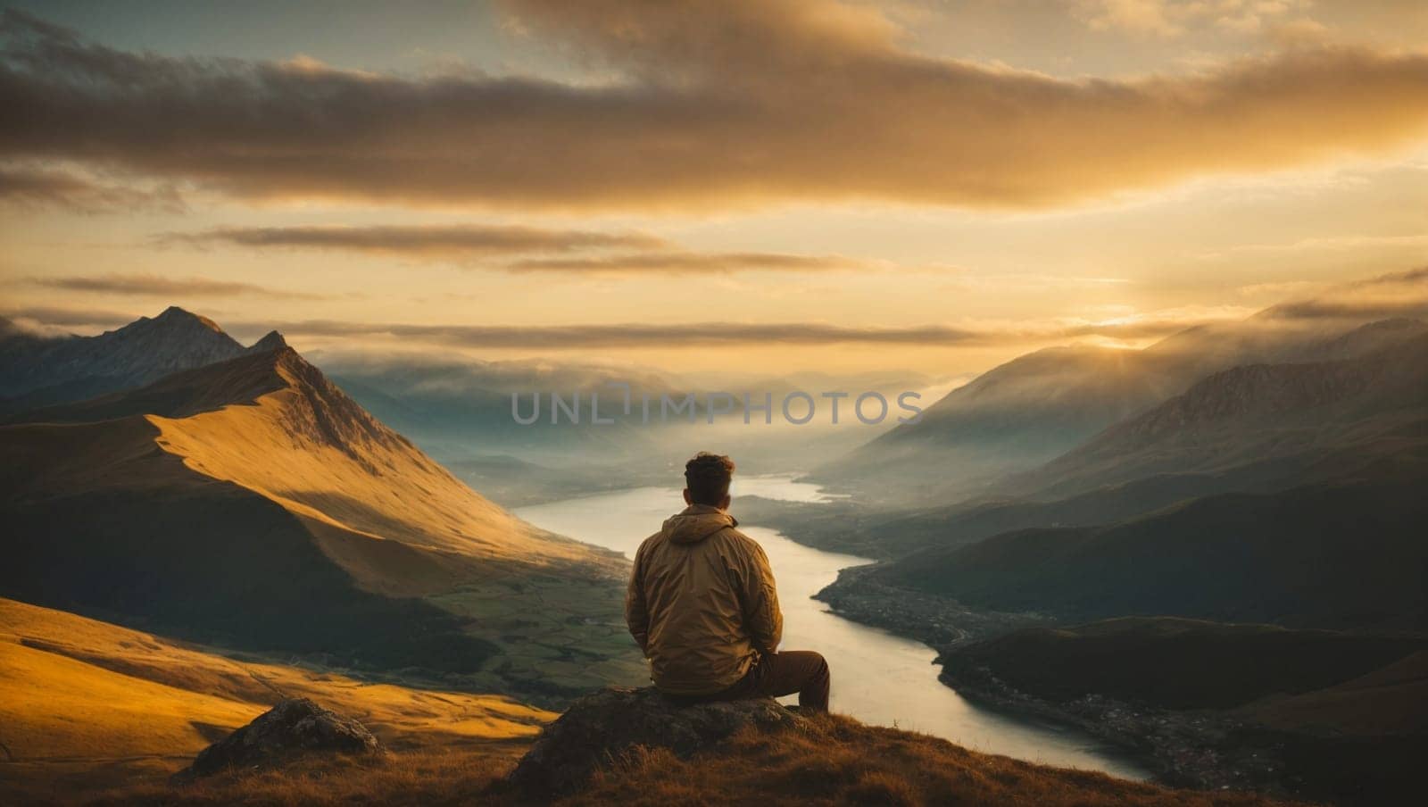 A man sits on top of a mountain, gazing at the expansive view of a lake below.